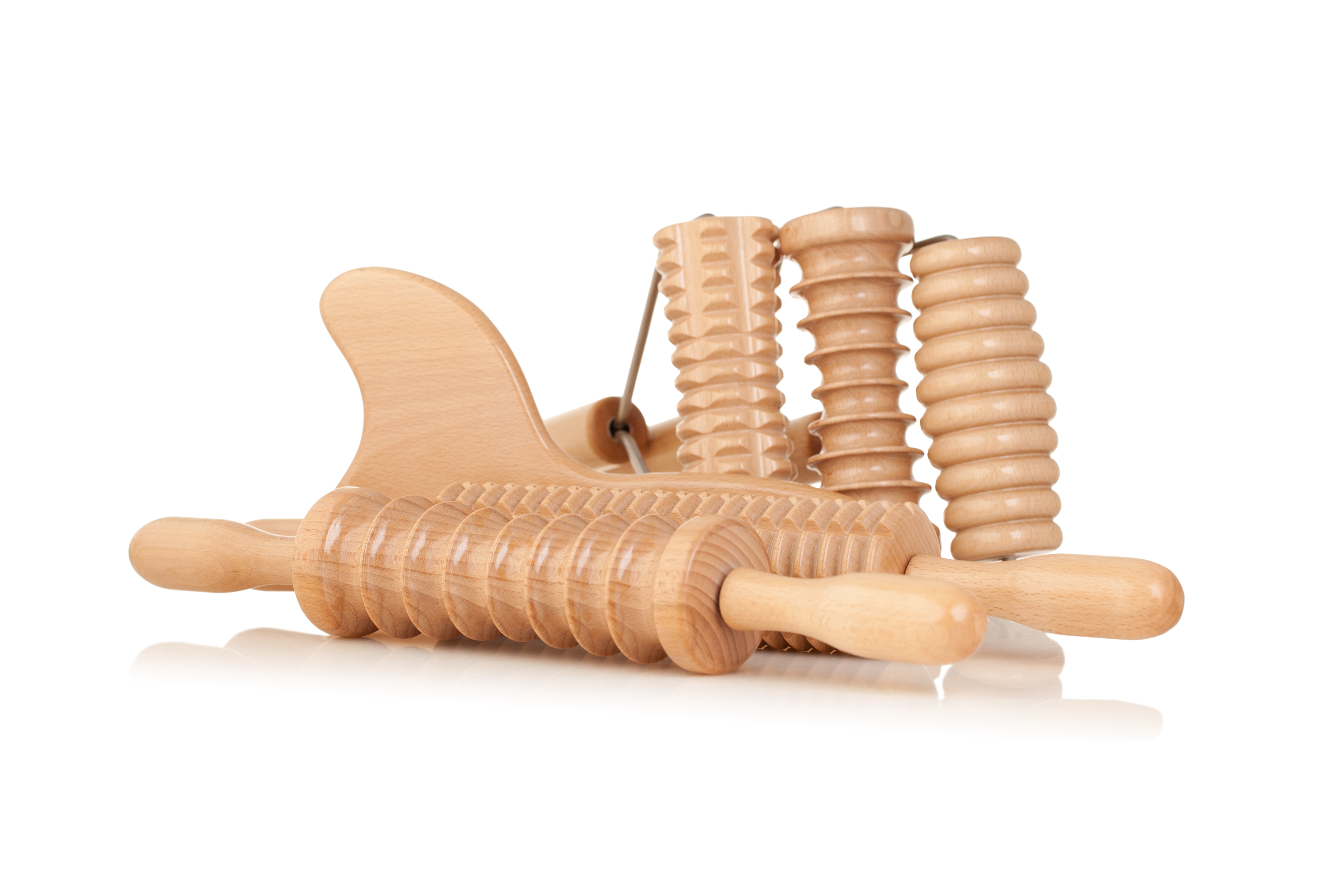 Set di rulli in legno dal design anatomico per maderoterapia del corpo ed eliminazione della cellulite.